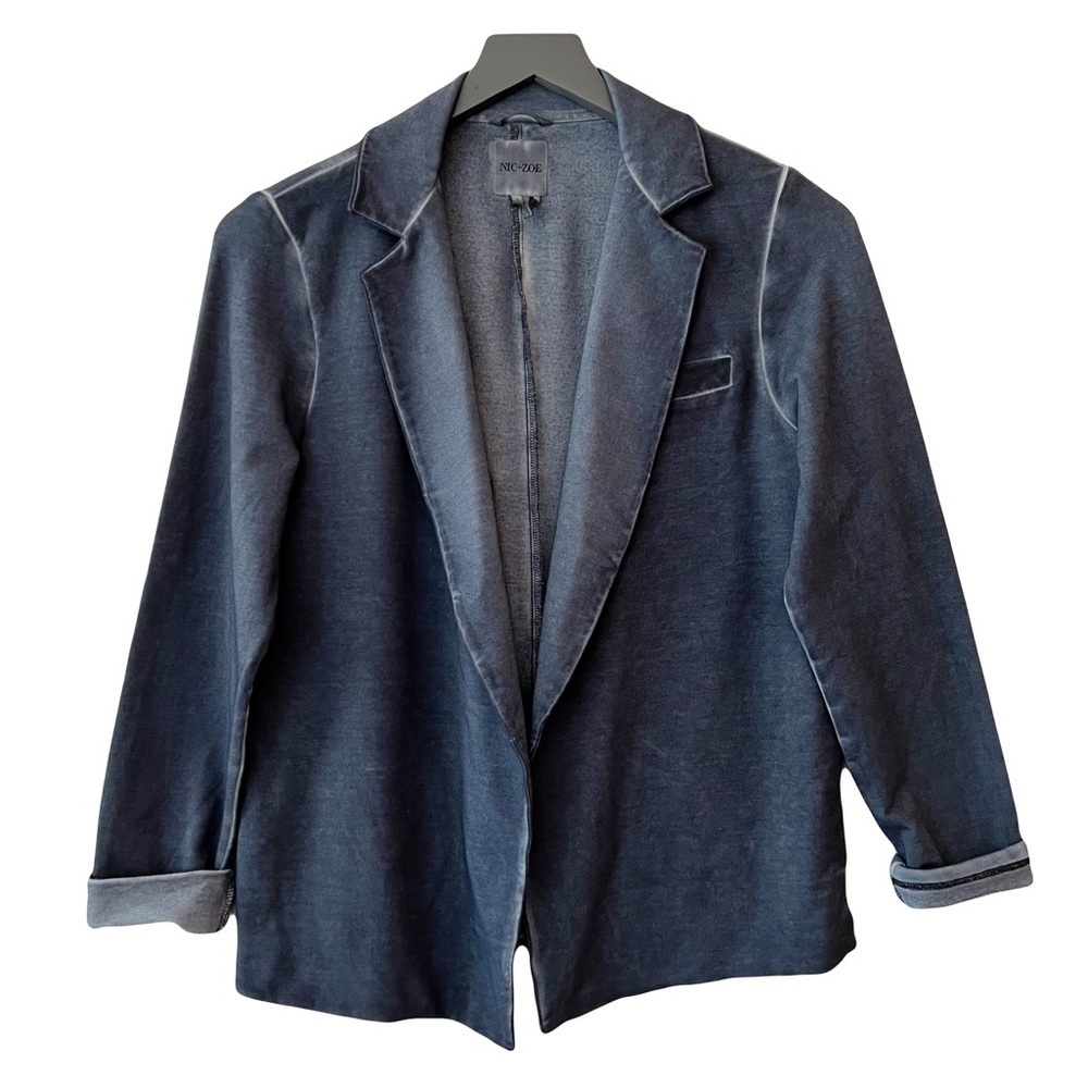 NIC + ZOE Knit Distressed Open Front Blue Blazer Size Small